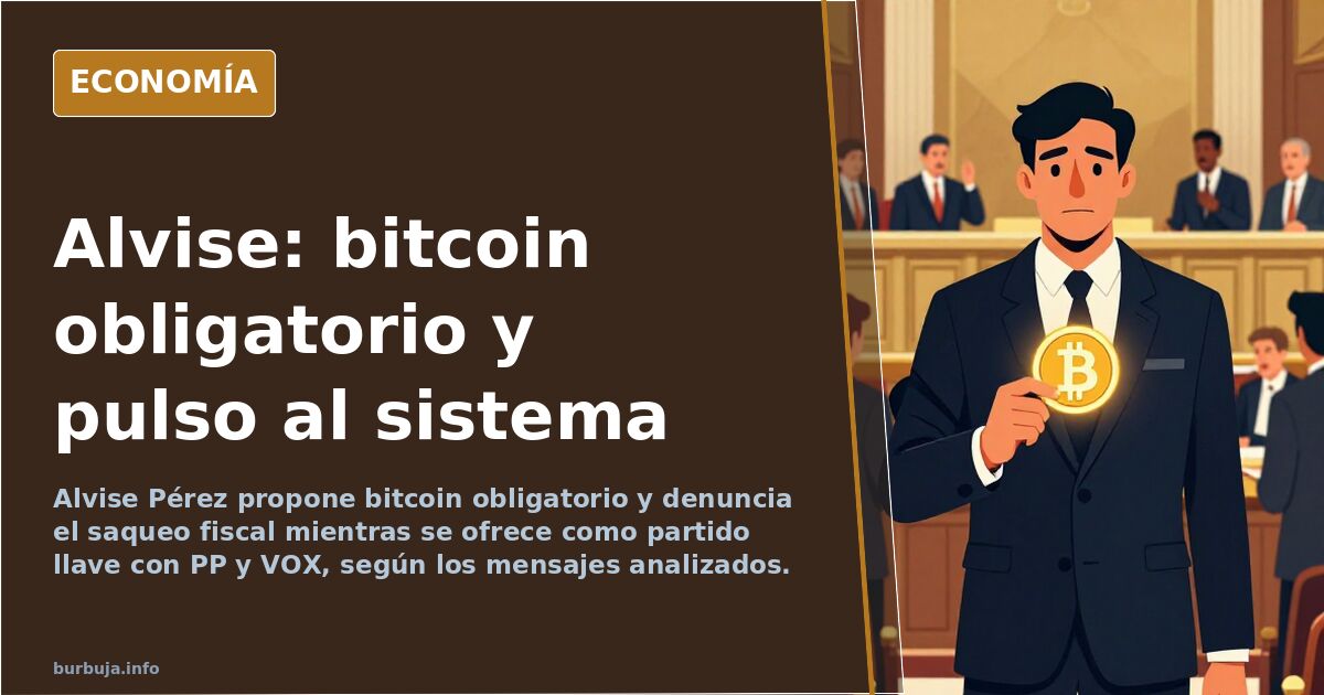 Ilustración editorial de un político emergente español señalando una moneda digital mientras una multitud le aclama y otra le