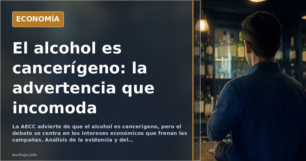 Ilustración editorial de una copa de vino con una etiqueta de advertencia sanitaria sobre un fondo azul marino y dorado