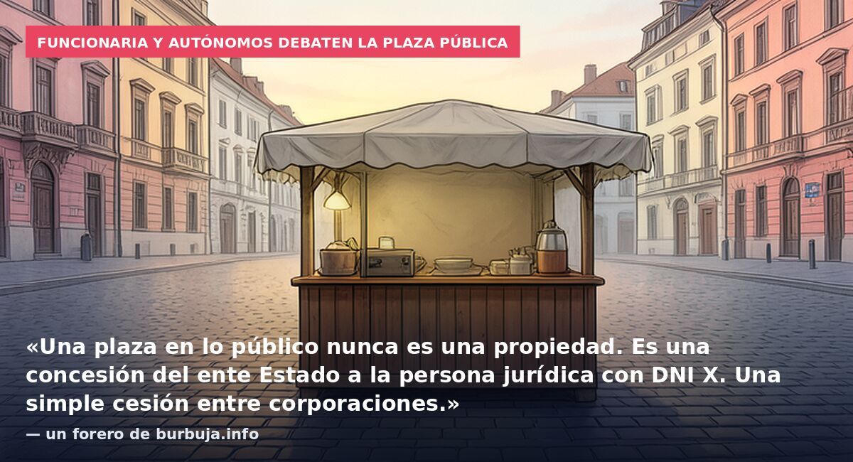 Funcionaria y autónomos debaten la plaza pública: «Una plaza en lo público nunca es una propiedad. Es una concesión del ente Estado a la persona jurídica con DNI X. Una simple cesión entre corporaciones.» — un forero de burbuja.info