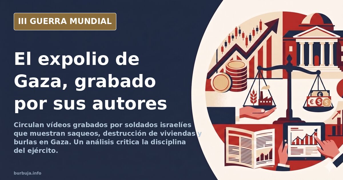 Soldados israelíes en Gaza junto a vehículos militares y edificios destruidos en una escena desaturada
