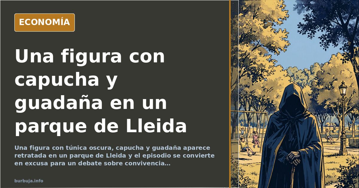 Figura con túnica oscura y capucha sosteniendo una guadaña en un parque urbano de Lleida