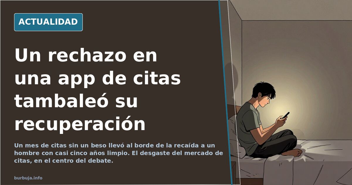 Hombre joven mirando el móvil en un bar con un ramo de flores sobre la mesa, en una escena sobre el mercado de citas