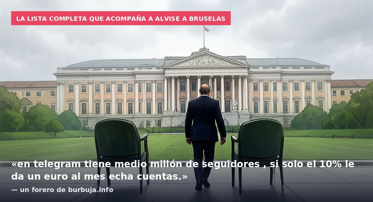 La lista completa que acompaña a Alvise a Bruselas: «en telegram tiene medio millón de seguidores , si solo el 10% le da un euro al mes echa cuentas.» — un forero de burbuja.info