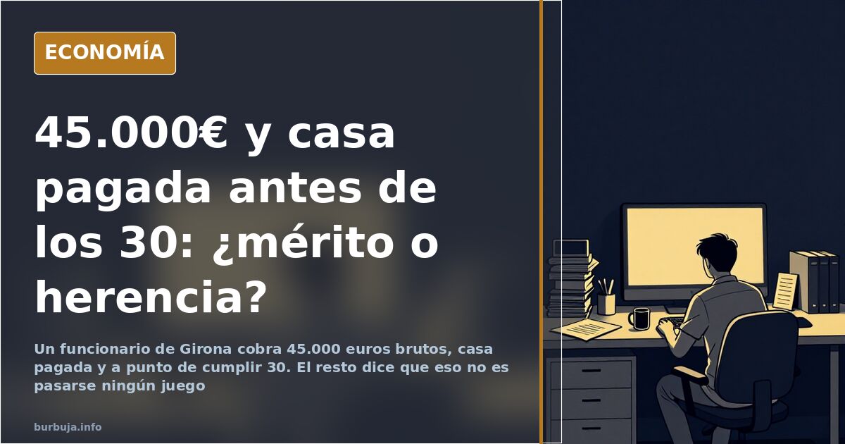 Ilustración editorial de un funcionario joven en una oficina gris frente a una pantalla con documentos y una taza de café