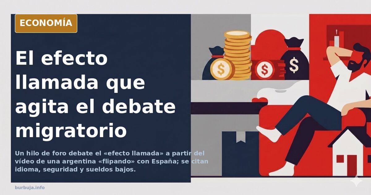 Ilustración editorial de una maleta abierta frente a un horizonte urbano, símbolo del efecto llamada migratorio hacia España