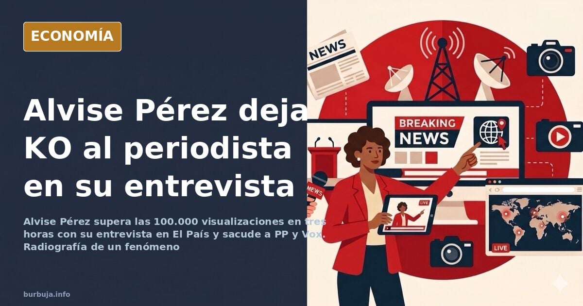 Ilustración editorial de Alvise Pérez durante una entrevista televisiva frente a un periodista, en tonos azul marino y dorado