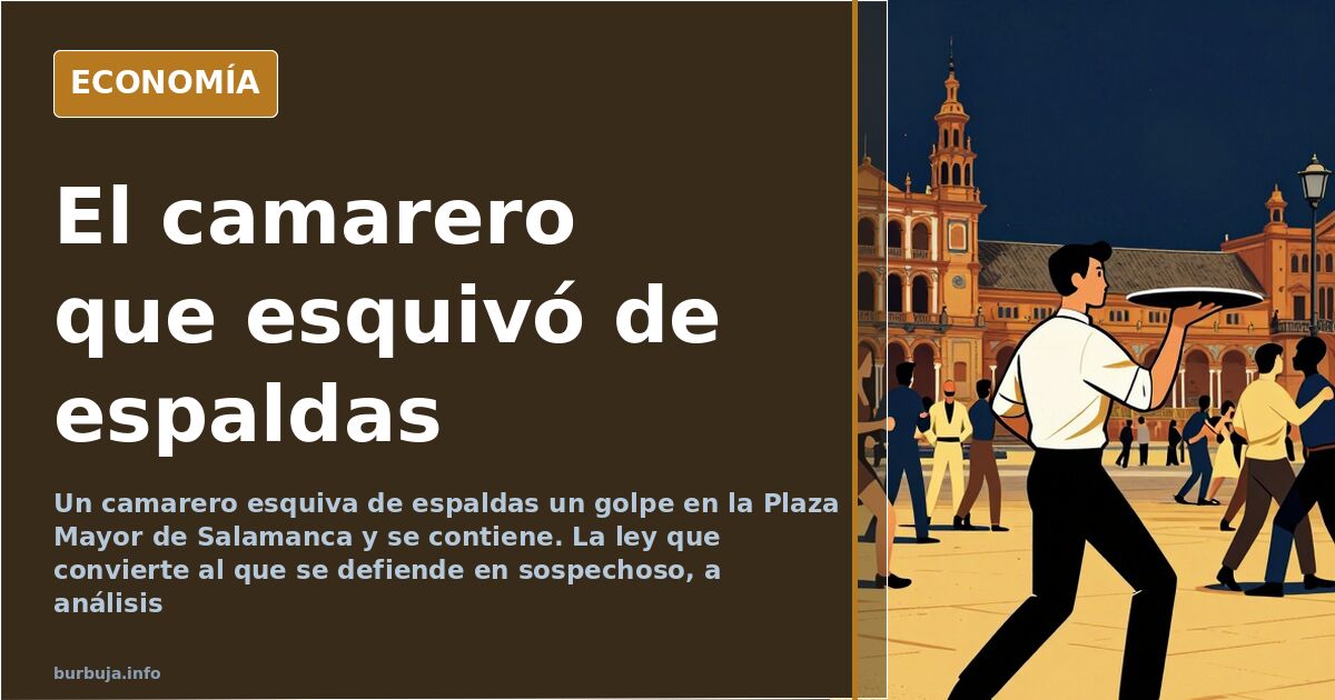 Ilustración editorial de una terraza en la Plaza Mayor de Salamanca con un camarero esquivando un golpe mientras los clientes