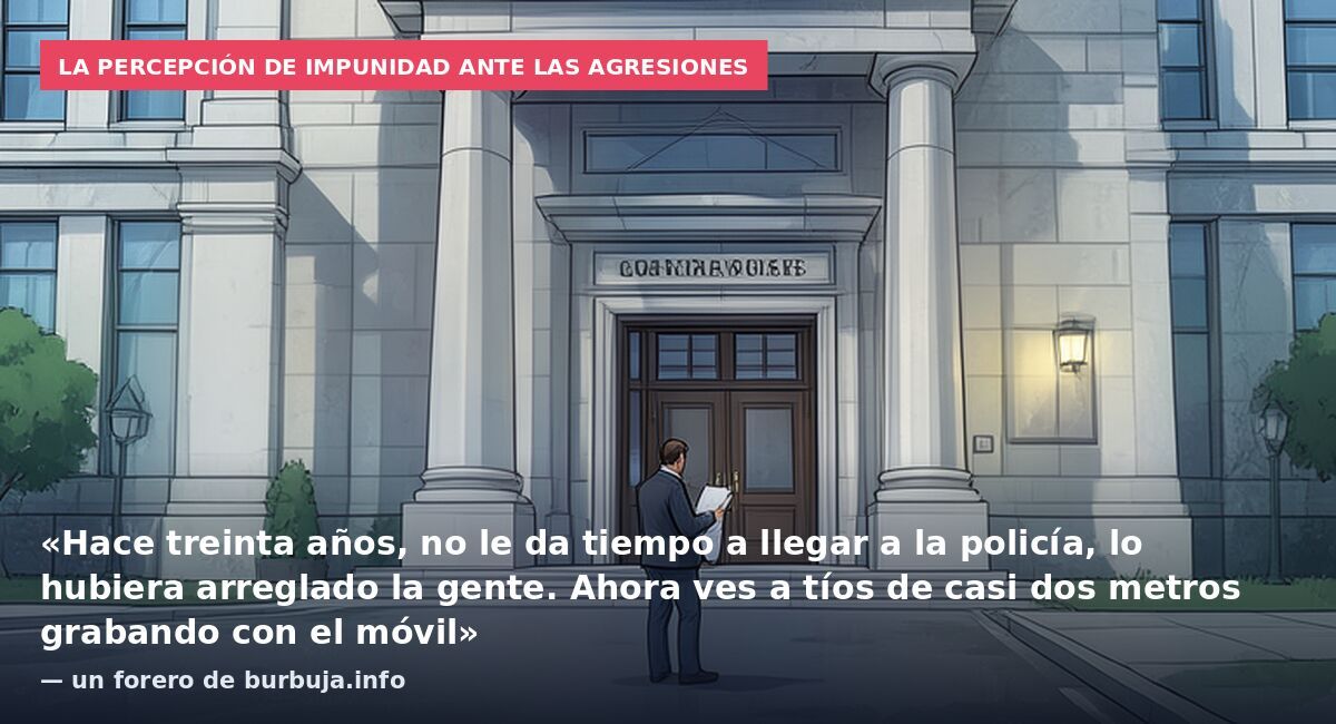La percepción de impunidad ante las agresiones: «Hace treinta años, no le da tiempo a llegar a la policía, lo hubiera arreglado la gente. Ahora ves a tíos de casi dos metros grabando con el móvil» — un forero de burbuja.info