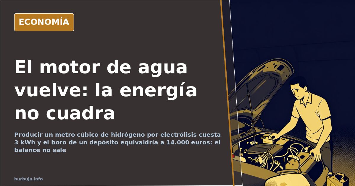 Ilustración editorial de una moto con depósito de agua transparente y moléculas de hidrógeno separándose del oxígeno