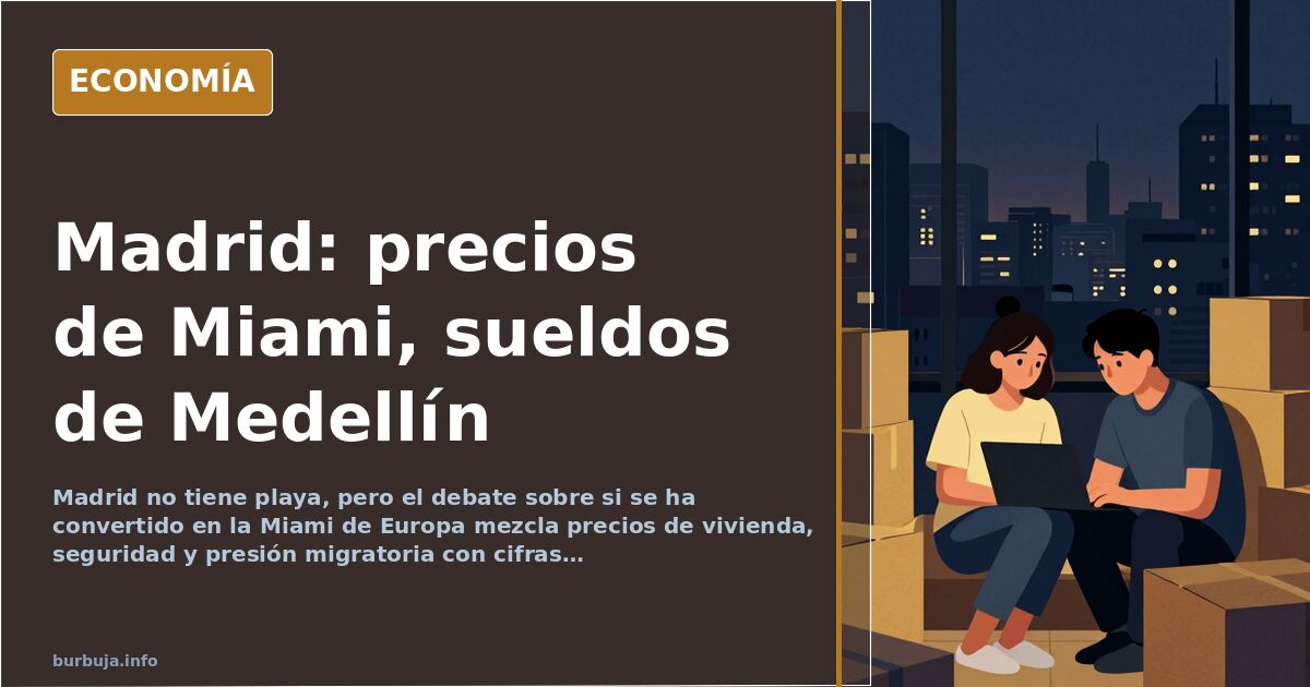 Vista urbana de Madrid con edificios altos y una estación de metro, símbolo del debate sobre la Miami de Europa