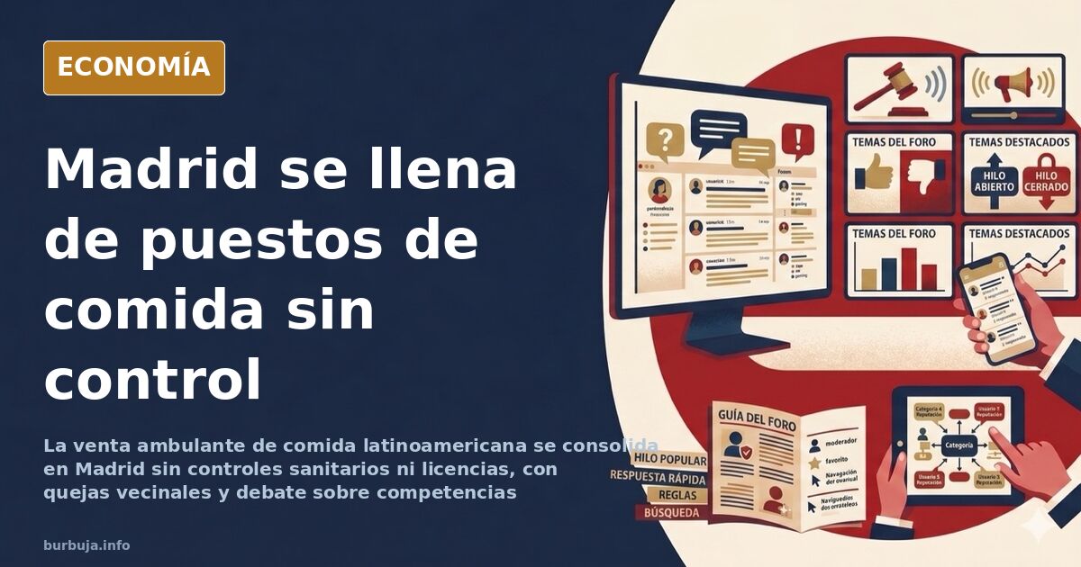 Puesto de venta ambulante de comida latinoamericana instalado en una acera de Madrid junto a una boca de metro