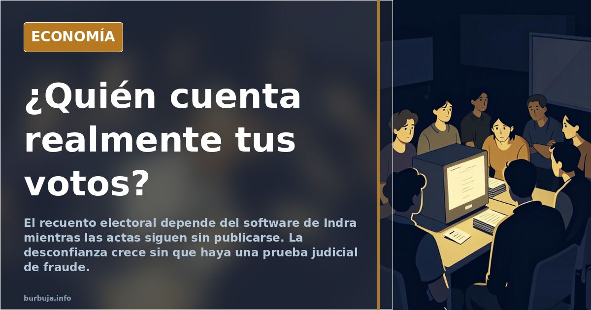 Ilustración editorial de una urna electoral junto a un servidor informático, simbolizando el recuento de votos por software p