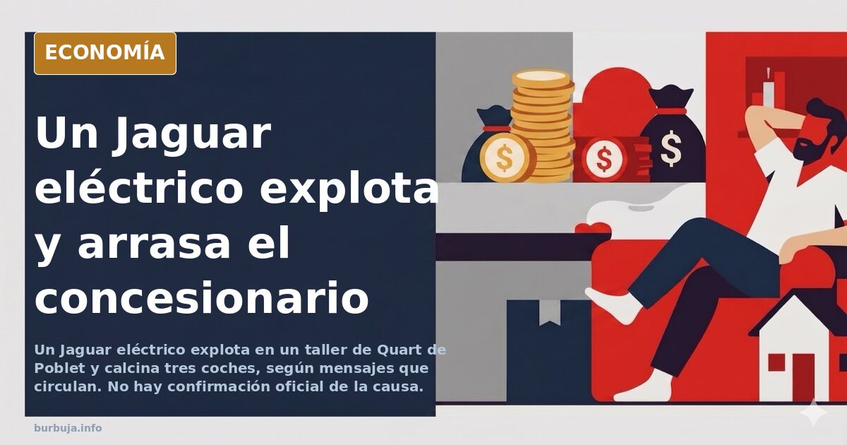 Ilustración editorial de un concesionario de coches en llamas con vehículos eléctricos calcinados y bomberos trabajando en la