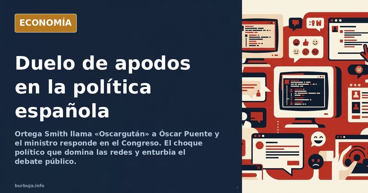 Ilustración editorial de dos políticos españoles intercambiando apodos en redes sociales, con el Congreso de fondo