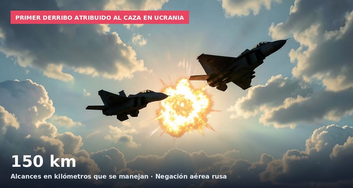 Primer derribo atribuido al caza en Ucrania: 150 km Alcances en kilómetros que se manejan · Negación aérea rusa