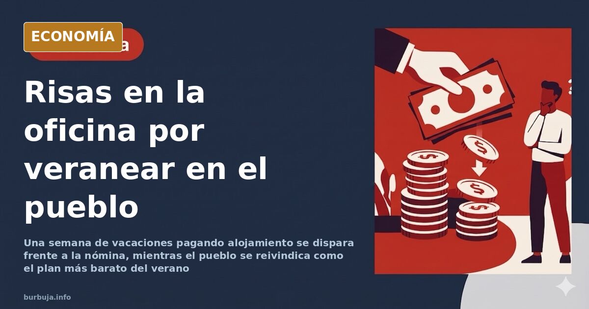 Empleados de oficina comentando sus viajes de verano ante un compañero que sostiene un folleto de vacaciones en el pueblo