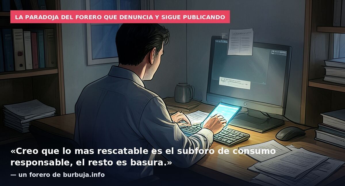 La paradoja del forero que denuncia y sigue publicando: «Creo que lo mas rescatable es el subforo de consumo responsable, el resto es basura.» — un forero de burbuja.info