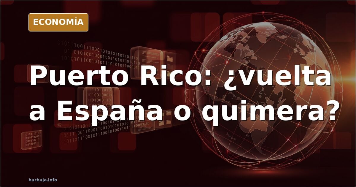 Ilustración editorial de un mapa de Puerto Rico con la bandera española y un gráfico económico descendente