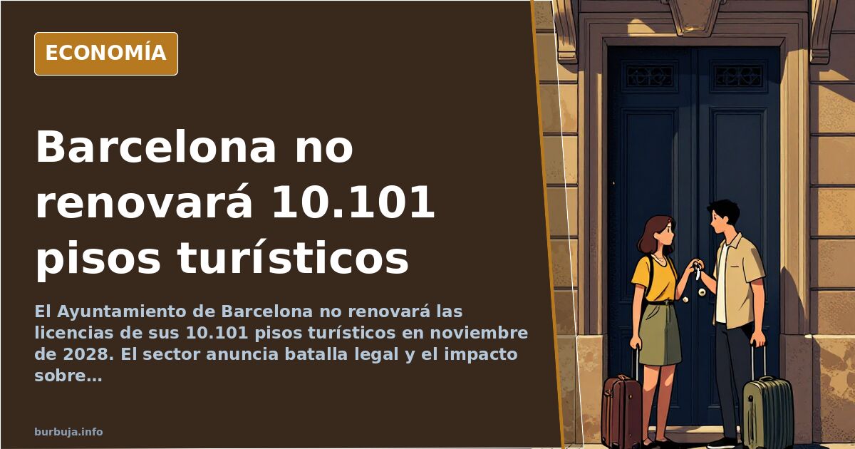 Ilustración editorial de edificios de Barcelona con pisos turísticos marcados y un calendario señalando 2028