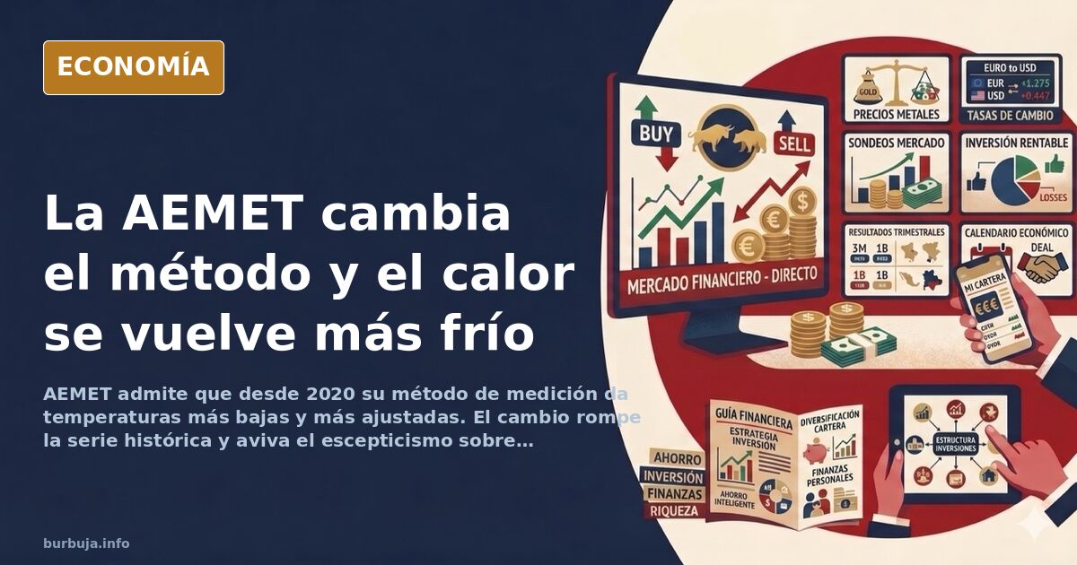 Ilustración editorial de un termómetro sobre un mapa de rejilla climatológica con estaciones meteorológicas marcadas en azul 