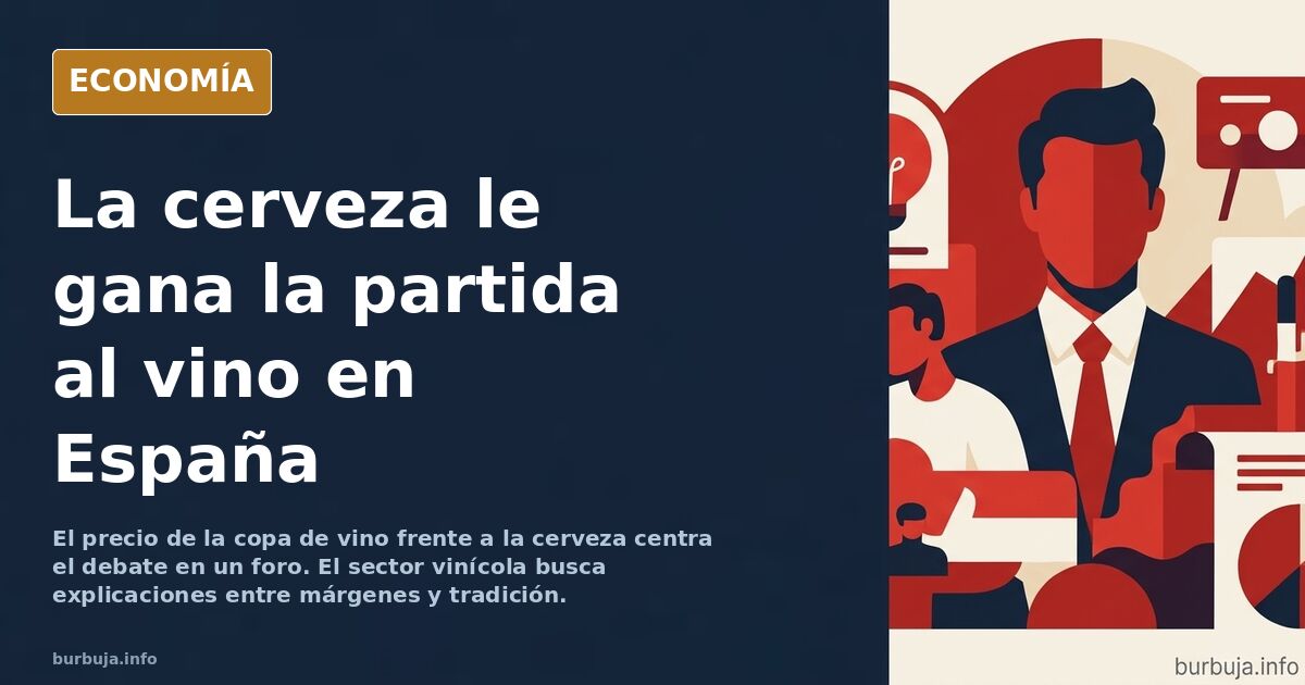 Copa de vino y vaso de cerveza sobre una barra de bar española, con la botella de vino al fondo y la caña en primer plano