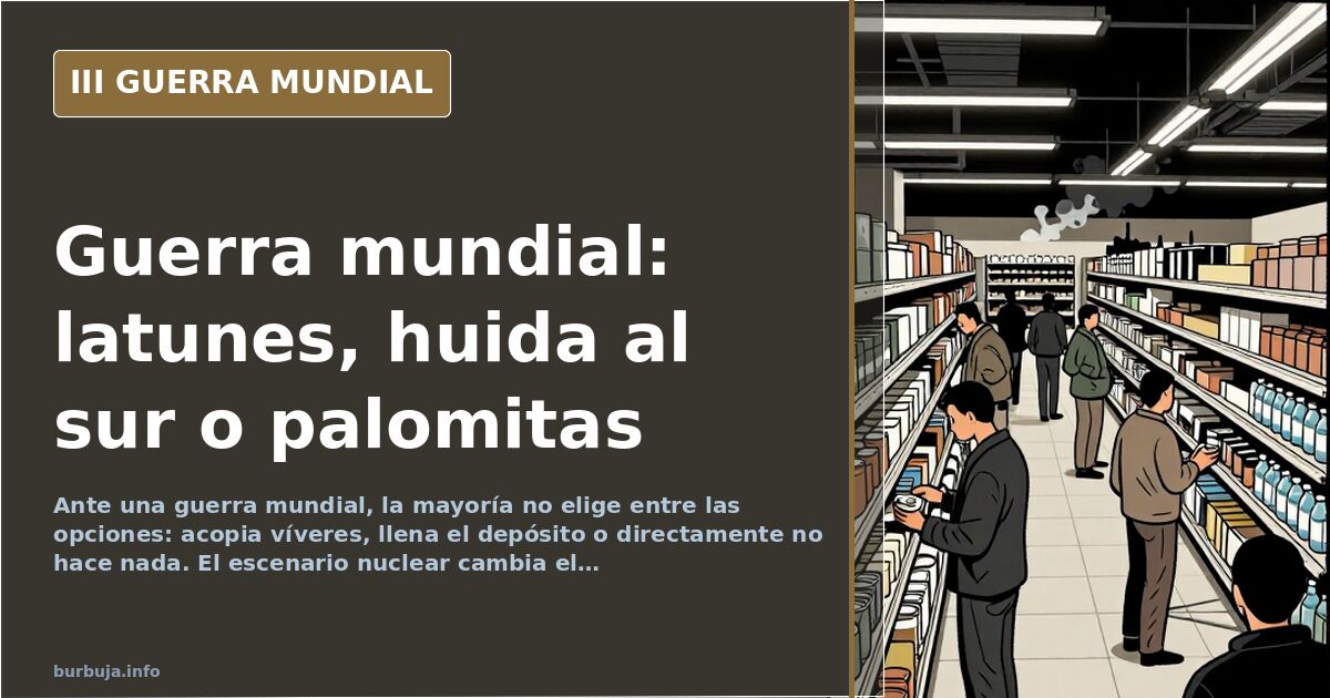 Ilustración documental desaturada de una ciudad con siluetas de equipamiento militar y humo lejano en el horizonte ante una g