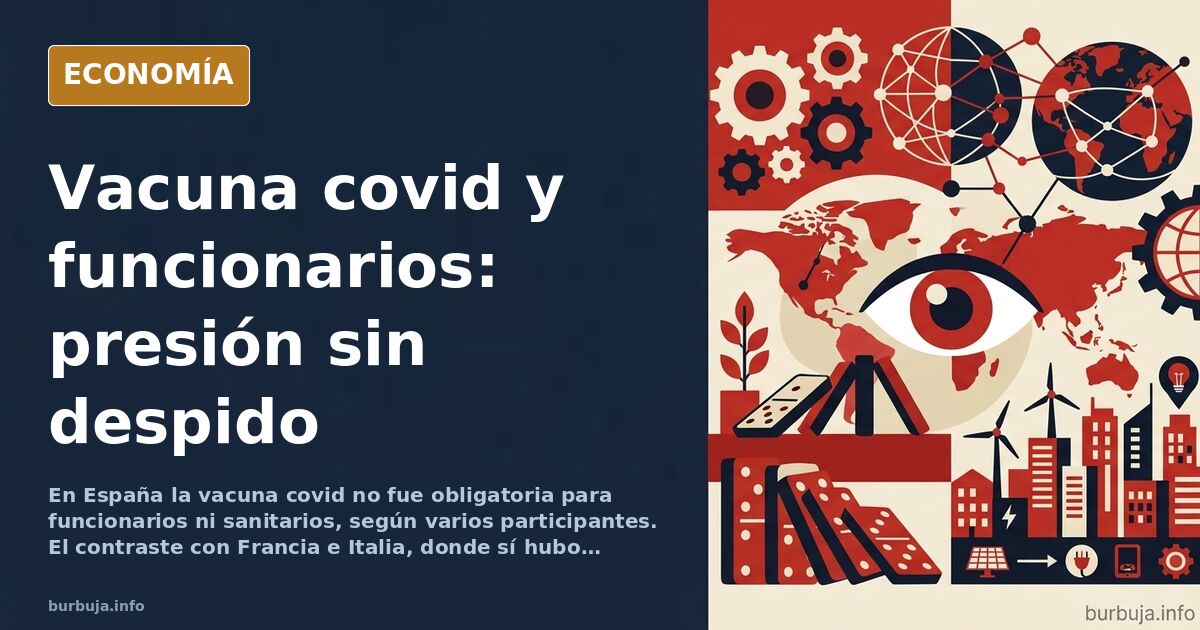 Ilustración editorial de un edificio administrativo con funcionarios en fila ante un control sanitario bajo un cielo azul osc