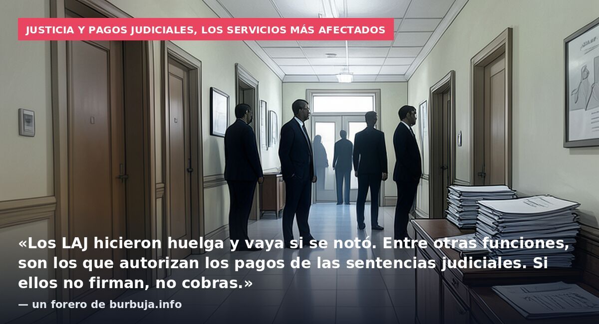 Justicia y pagos judiciales, los servicios más afectados: «Los LAJ hicieron huelga y vaya si se notó. Entre otras funciones, son los que autorizan los pagos de las sentencias judiciales. Si ellos no firman, no cobras.» — un forero de burbuja.info