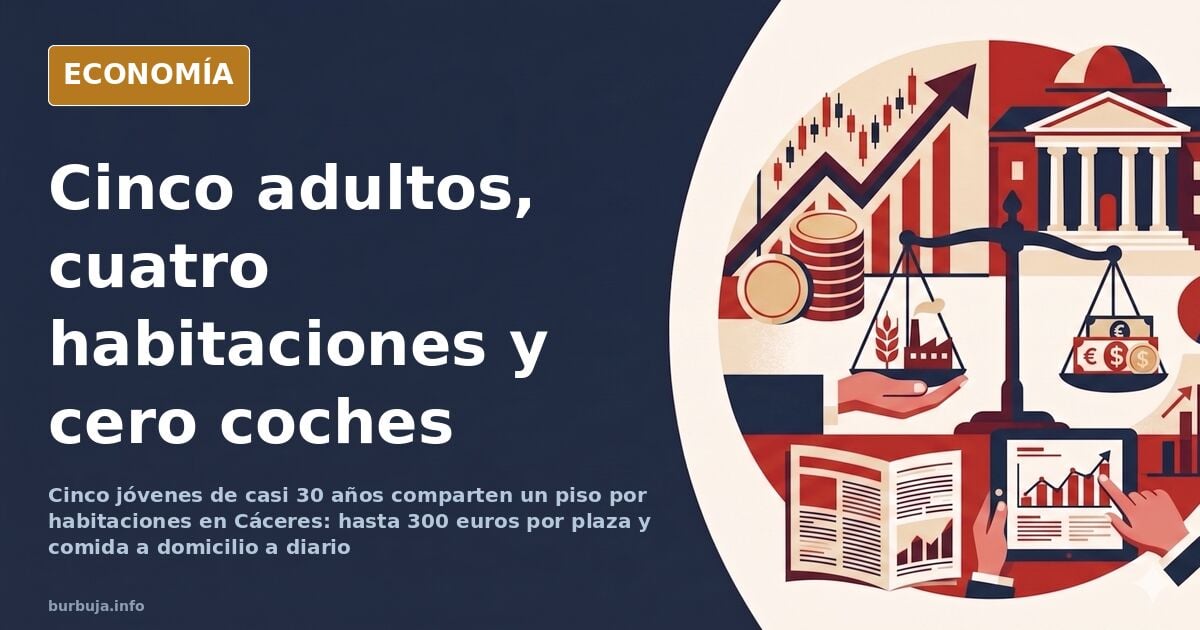 Ilustración de un piso compartido en alquiler por habitaciones, con camas individuales y repartidores llegando a la puerta