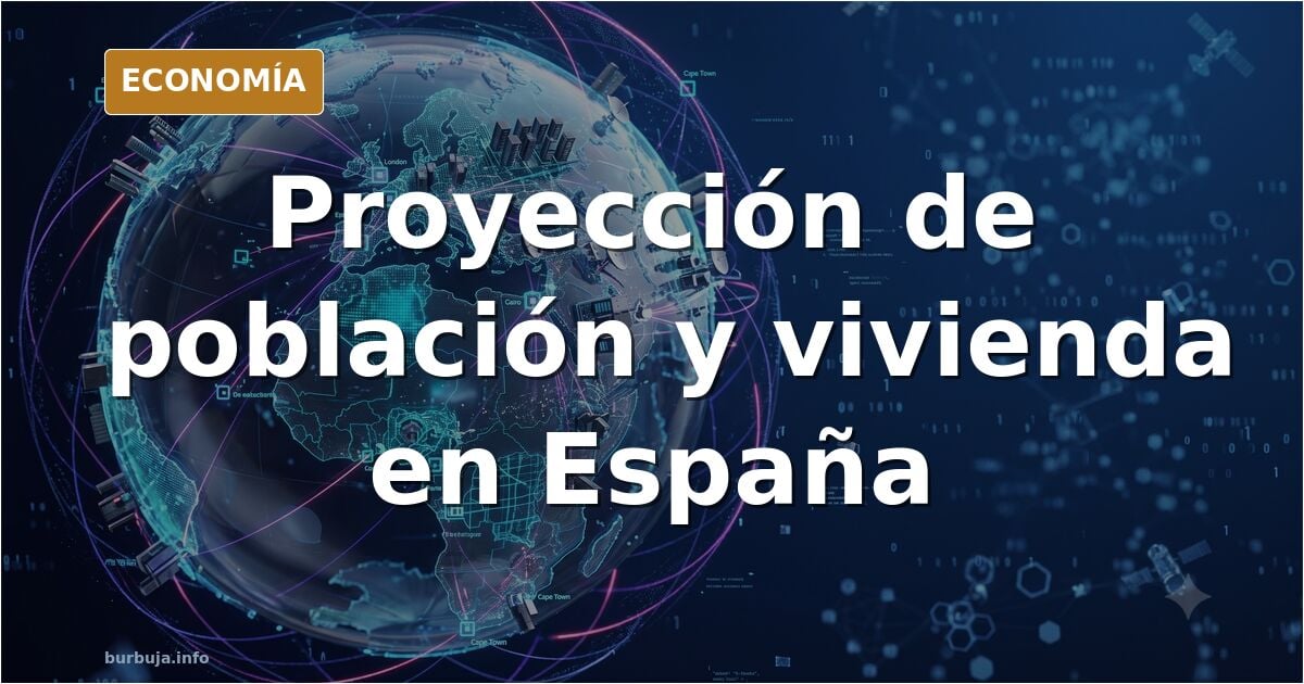 Gráfico editorial en azul marino y dorado mostrando la proyección de crecimiento poblacional en España frente a la construcci