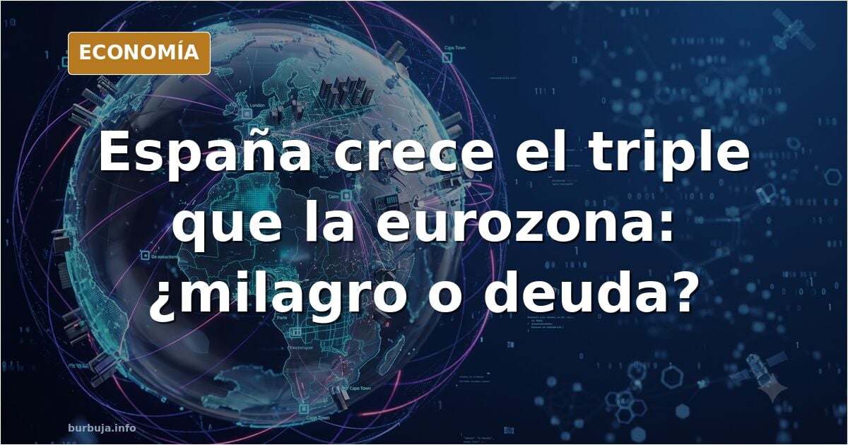 Gráfico de barras comparando el crecimiento del PIB de España y la eurozona, con flecha ascendente y símbolo de euro
