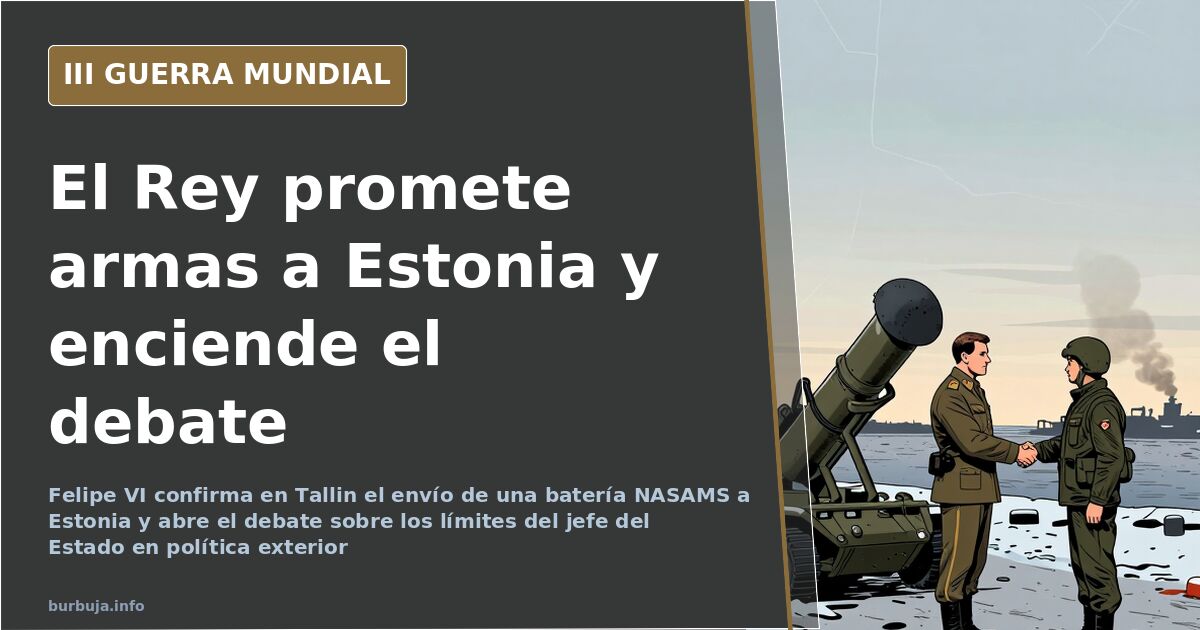 Silueta de una batería antiaérea NASAMS desplegada en un paisaje báltico desaturado con mapas y humo lejano en el horizonte