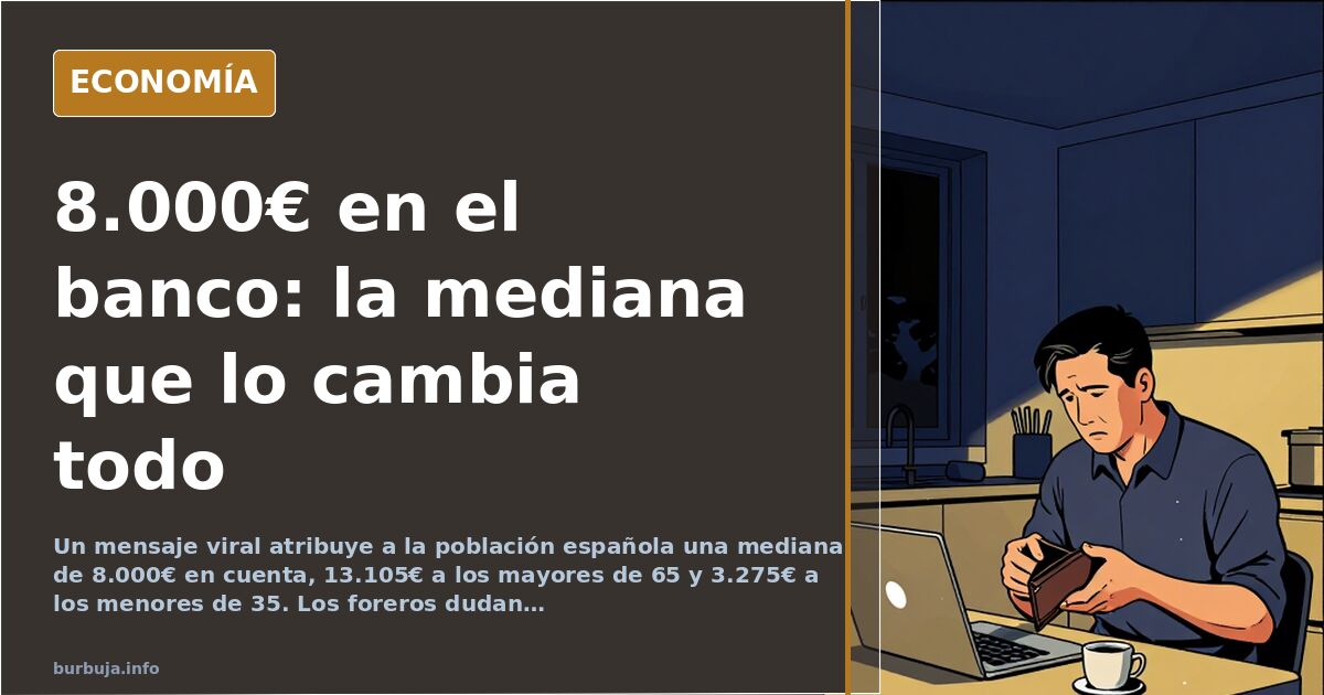 Ilustración editorial de una cuenta bancaria española con saldo mediano de 8.000 euros y billetes apilados