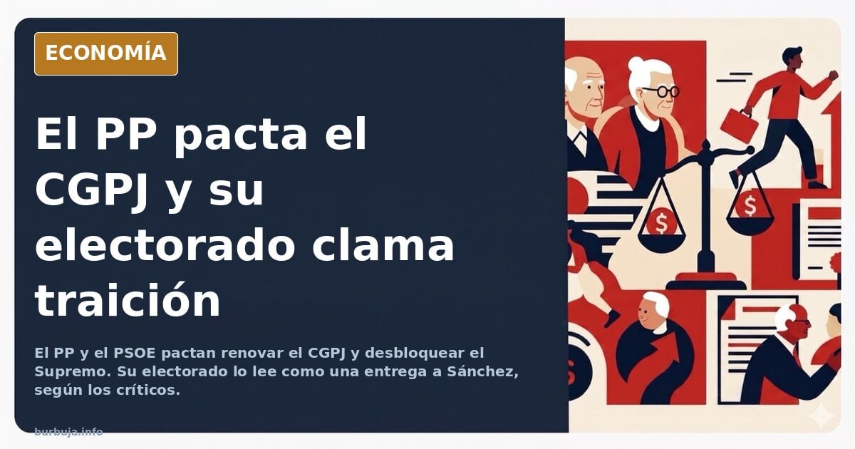 Ilustración editorial de un reparto de poder institucional con el CGPJ y el Tribunal Supremo como piezas de un pacto entre pa
