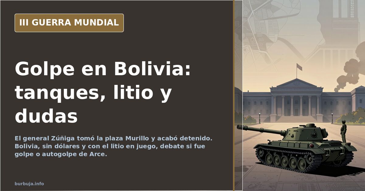 Ilustración documental de la plaza Murillo de La Paz con siluetas de vehículos militares y humo lejano en el horizonte