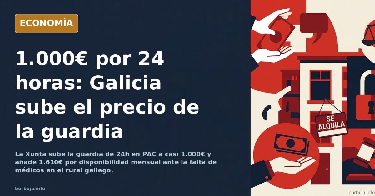Ilustración editorial de un médico de guardia en un centro de salud rural de Galicia, con la cifra de 1.000 euros por guardia
