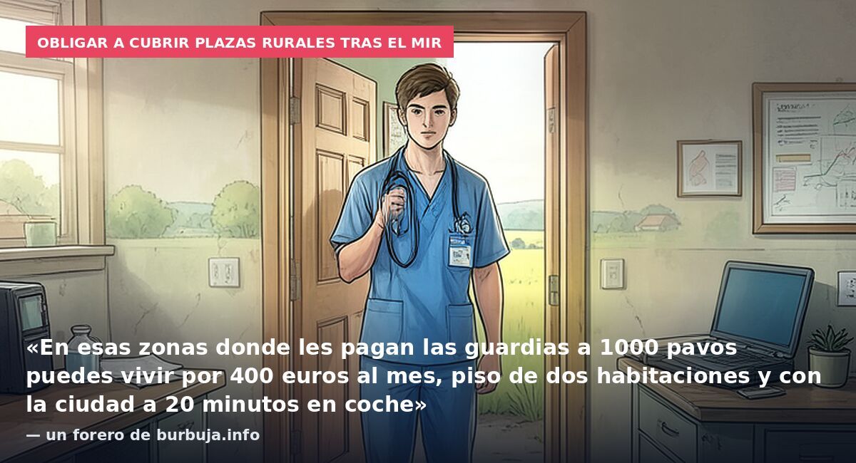 Obligar a cubrir plazas rurales tras el MIR: «En esas zonas donde les pagan las guardias a 1000 pavos puedes vivir por 400 euros al mes, piso de dos habitaciones y con la ciudad a 20 minutos en coche» — un forero de burbuja.info