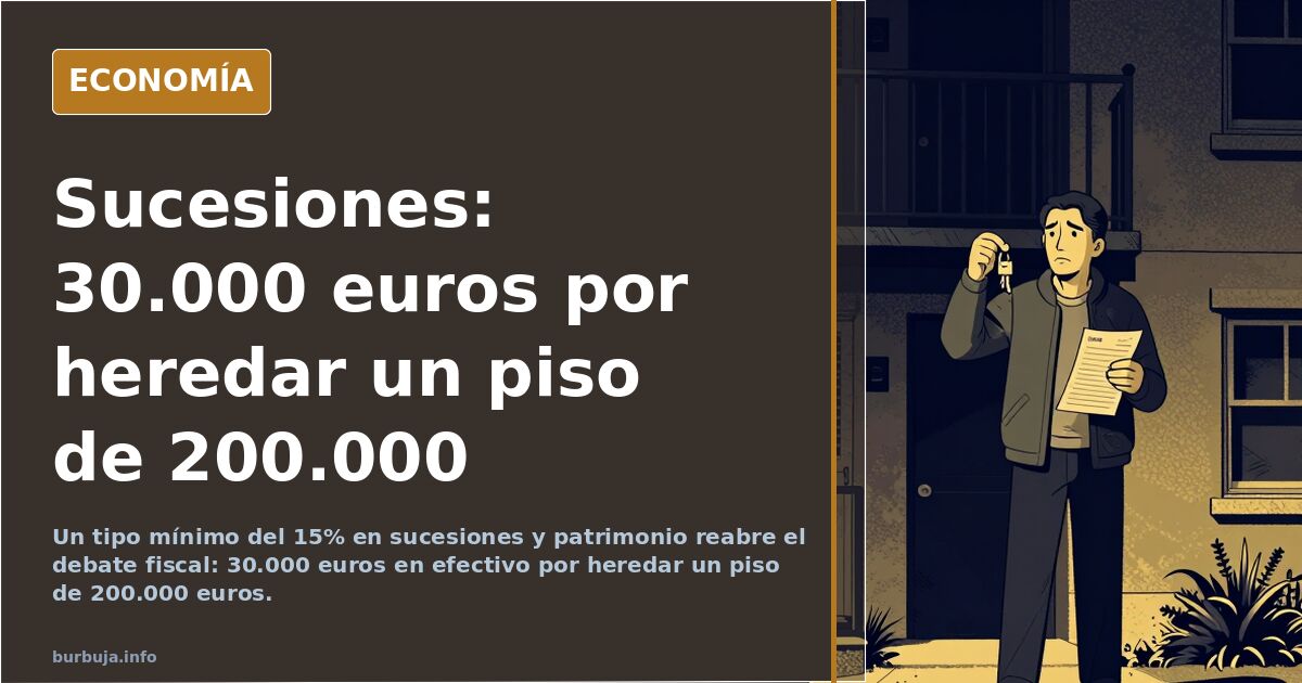 Ilustración de un edificio de viviendas junto a una llave sobre documentos de una herencia afectada por el impuesto de sucesi