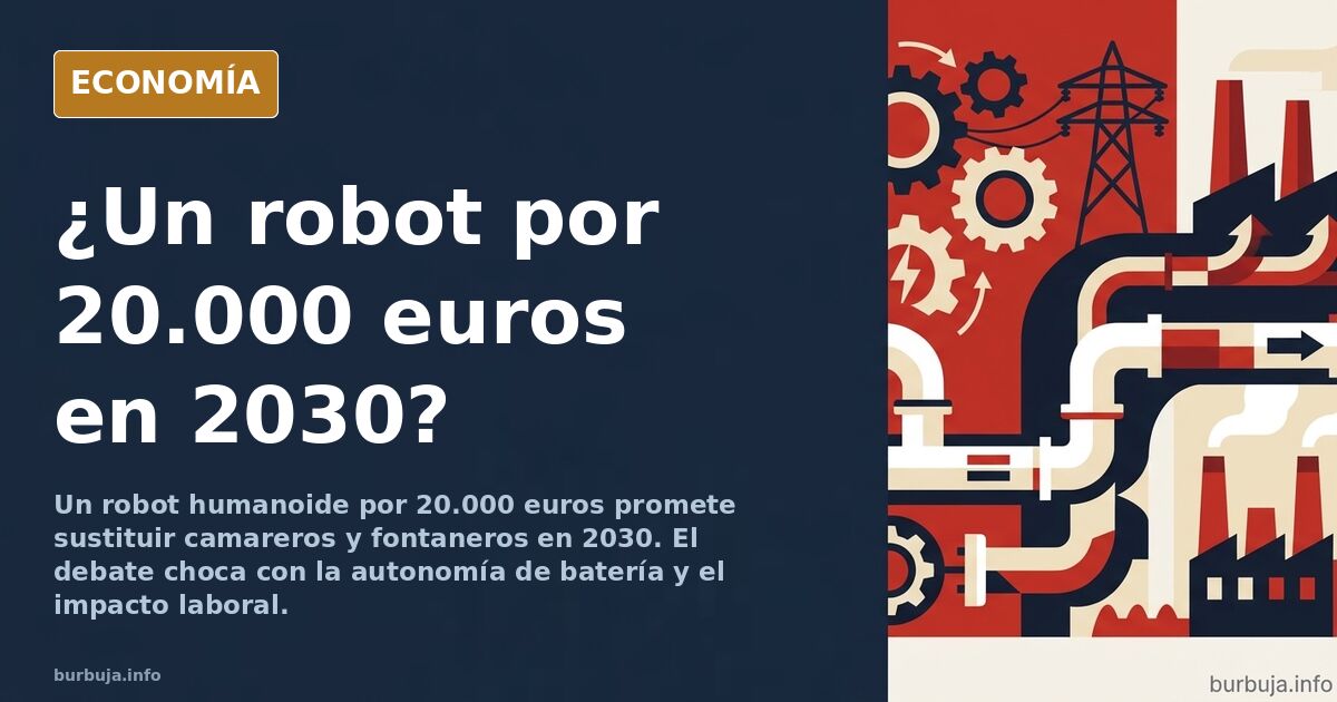 Ilustración editorial de un robot humanoide junto a herramientas de fontanería y una batería, en tonos azul marino y dorado