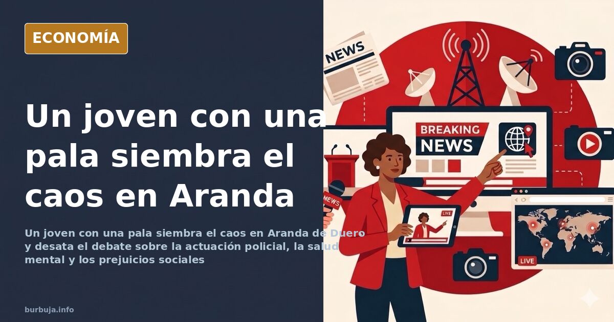 Ilustración editorial de un joven con una pala en una calle de Aranda de Duero, con policías al fondo