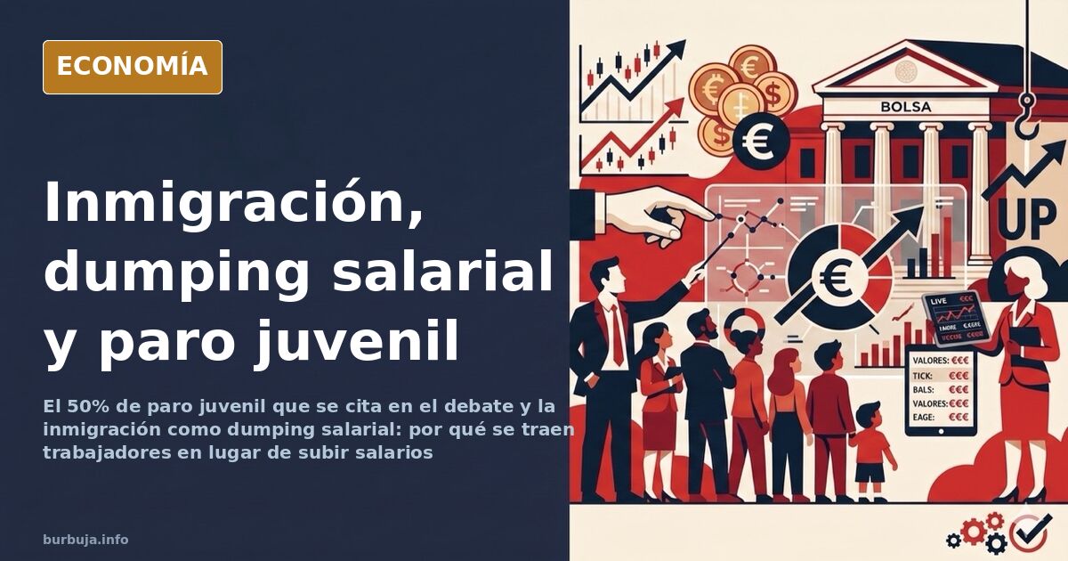 Trabajadores esperando ante una oficina de empleo con gráficos de salarios a la baja, ilustración sobre inmigración y dumping