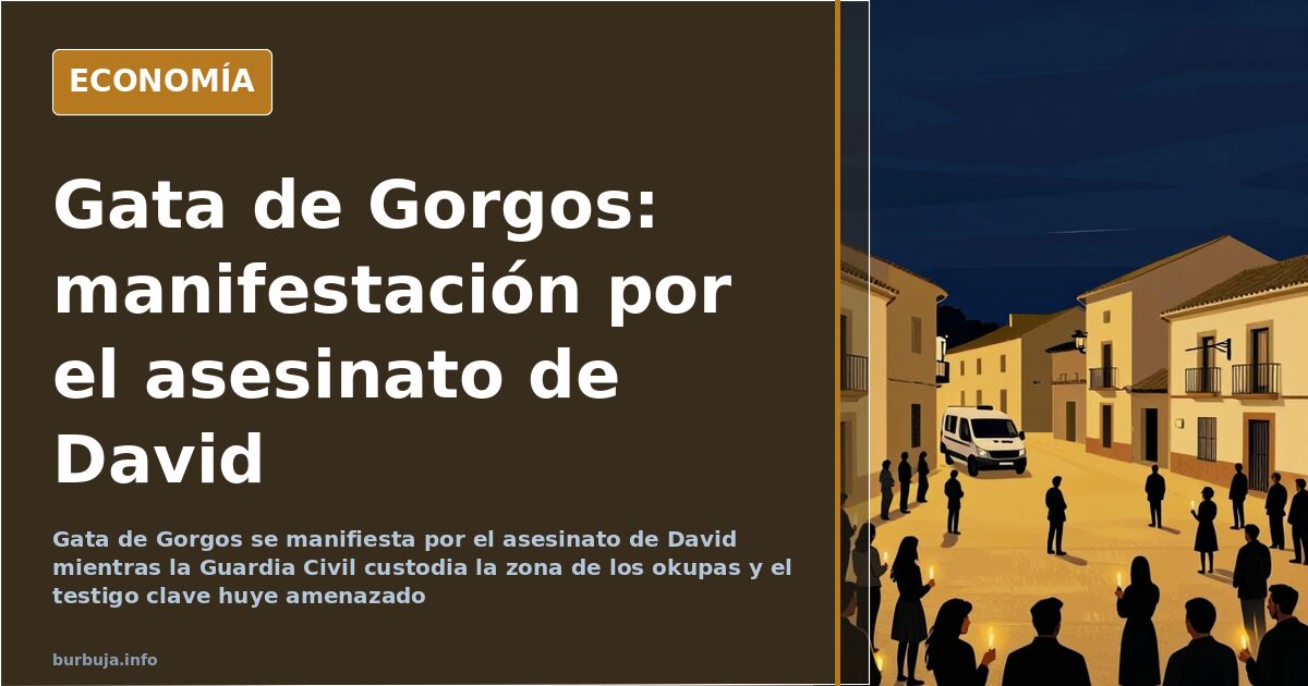 Ilustración editorial de una manifestación en Gata de Gorgos por el asesinato de David con la Guardia Civil al fondo