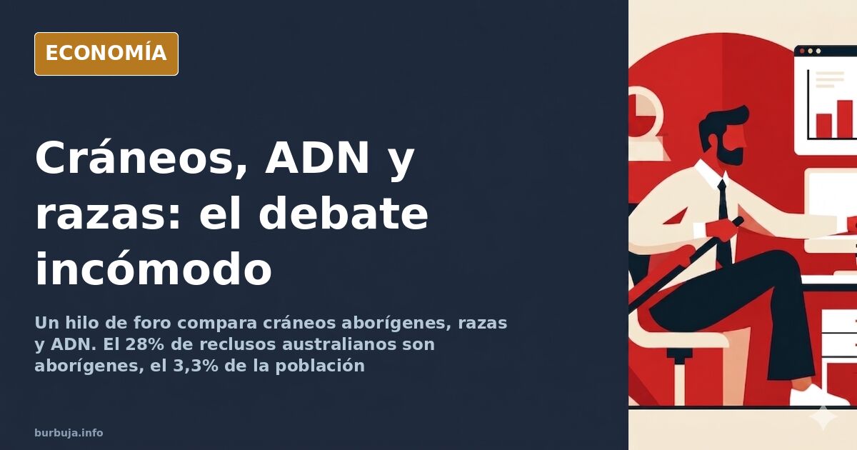 Ilustración editorial de cráneos humanos comparados sobre fondo azul marino y dorado, símbolo del debate sobre razas y ADN