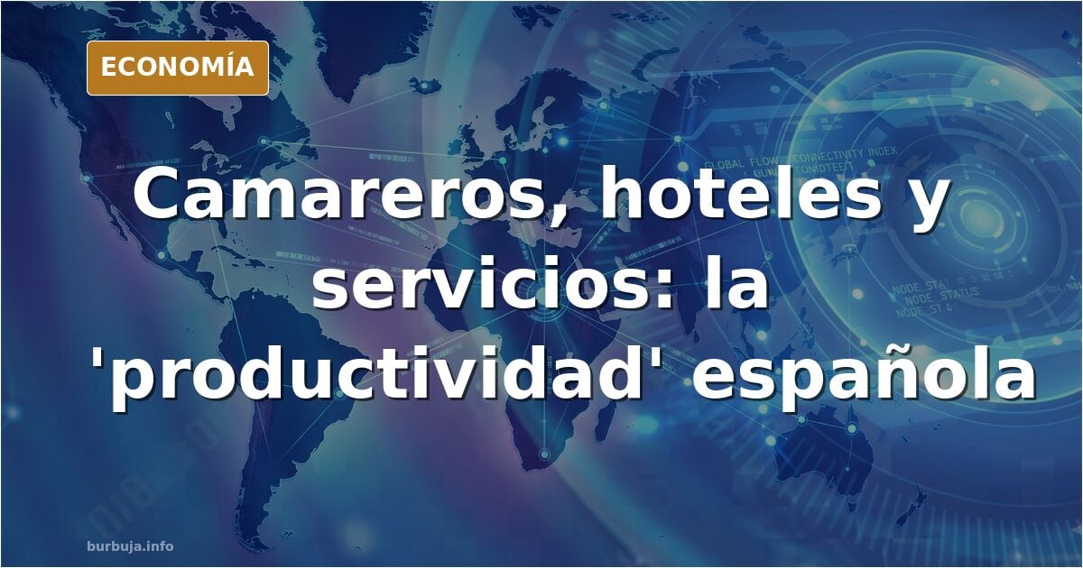 Ilustración editorial de un camarero sirviendo en una barra vacía, con gráficos de productividad y mapas de España al fondo e