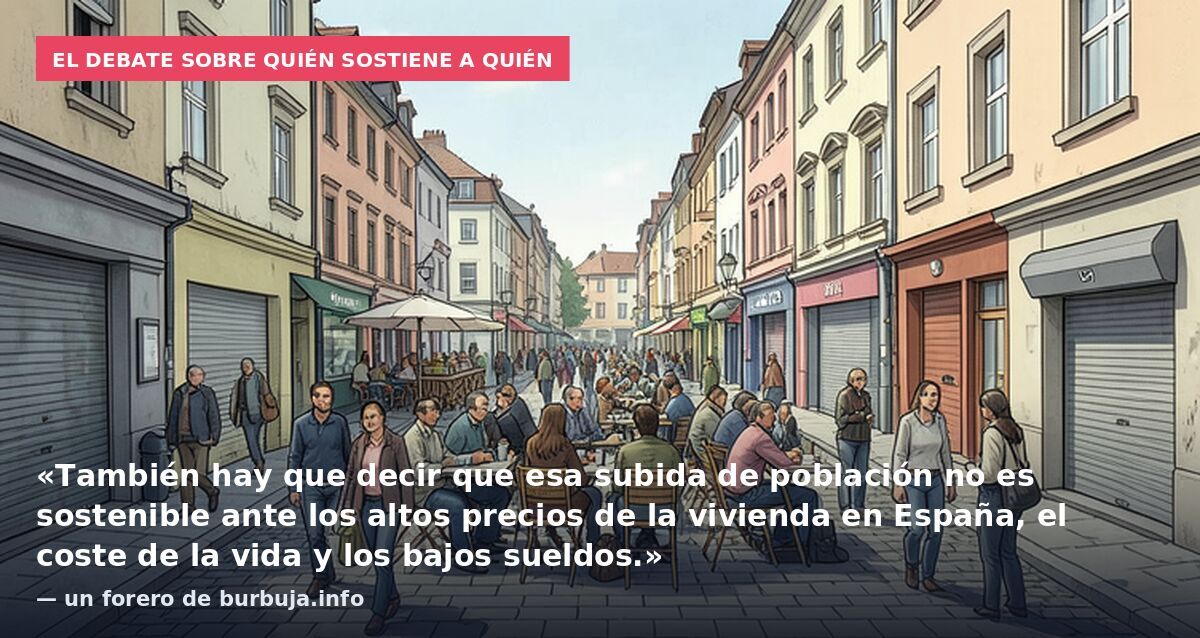 El debate sobre quién sostiene a quién: «También hay que decir que esa subida de población no es sostenible ante los altos precios de la vivienda en España, el coste de la vida y los bajos sueldos.» — un forero de burbuja.info