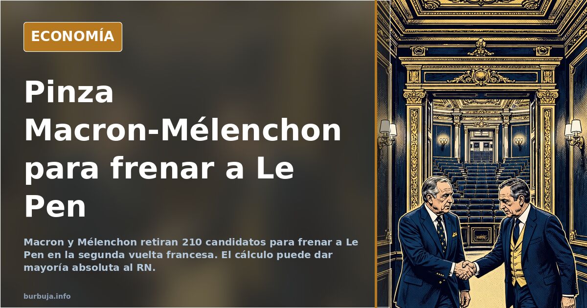 Ilustración editorial de dos bloques políticos franceses sellando una alianza para frenar a la ultraderecha en la segunda vue