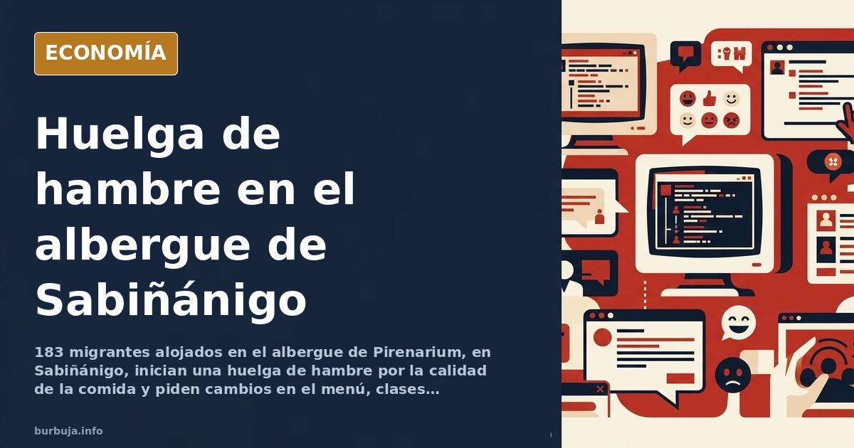 Ilustración editorial de un albergue de montaña con bandeja de comida sin tocar y siluetas de residentes en huelga de hambre 