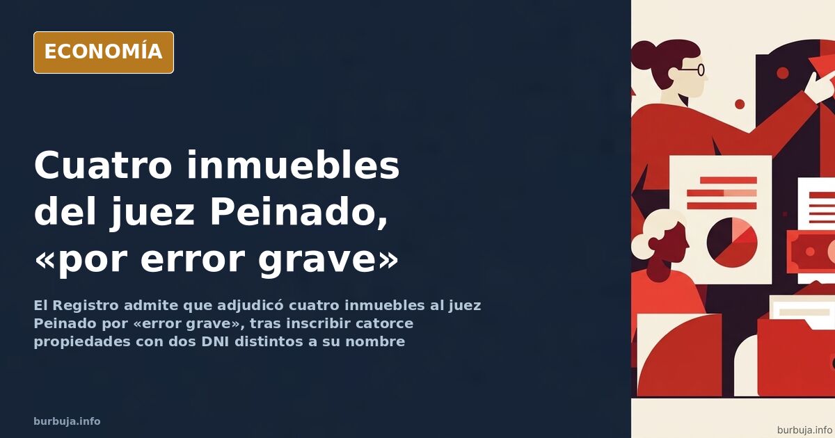 Expediente del registro de la propiedad abierto sobre un mostrador con sellos y fichas de inmuebles del juez Peinado