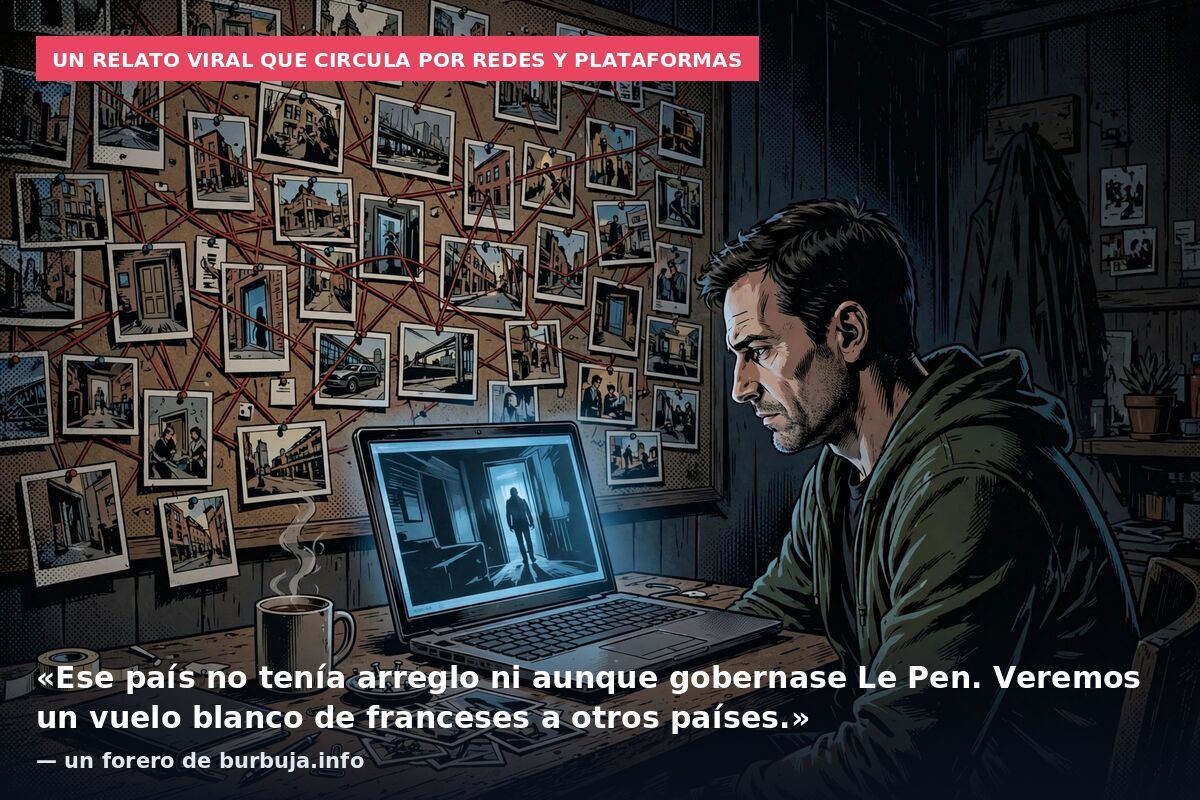 Un relato viral que circula por redes y plataformas: «Ese país no tenía arreglo ni aunque gobernase Le Pen.
Veremos un vuelo blanco de franceses a otros países.» — un forero de burbuja.info