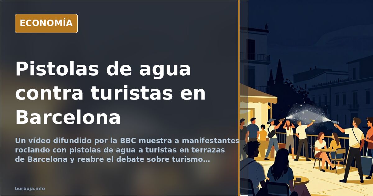 Ilustración editorial de pistolas de agua apuntando a mesas de terraza en una calle urbana, con edificios al fondo